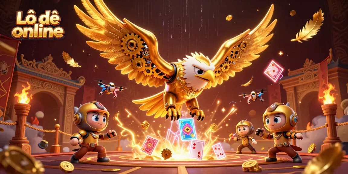 Engage in thrilling Lô đề online action with our vibrant 3D illustration showcasing a cybernetic eagle's dive.