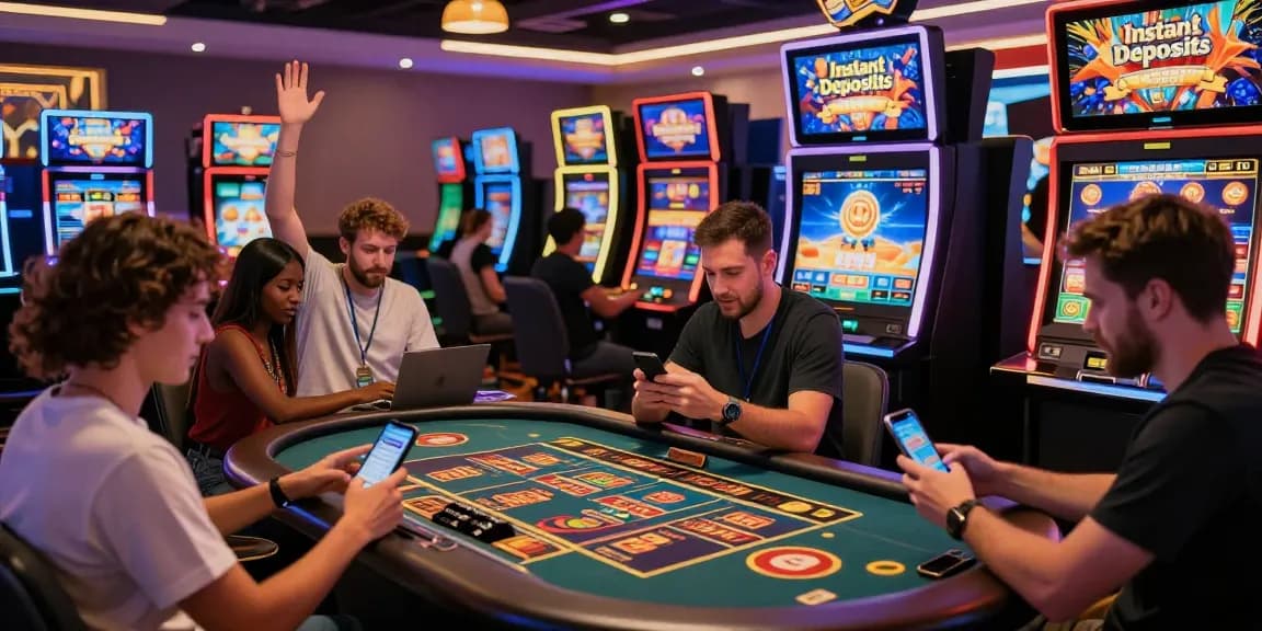 Engaging scene at an online credit card casino showcasing players using their devices, highlighting https://transact.org.uk's vibrant gaming experience.