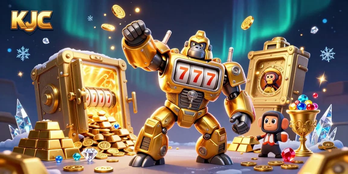 KJC showcases its lively gaming world with a dynamic 3D illustration of a golden gorilla mech
