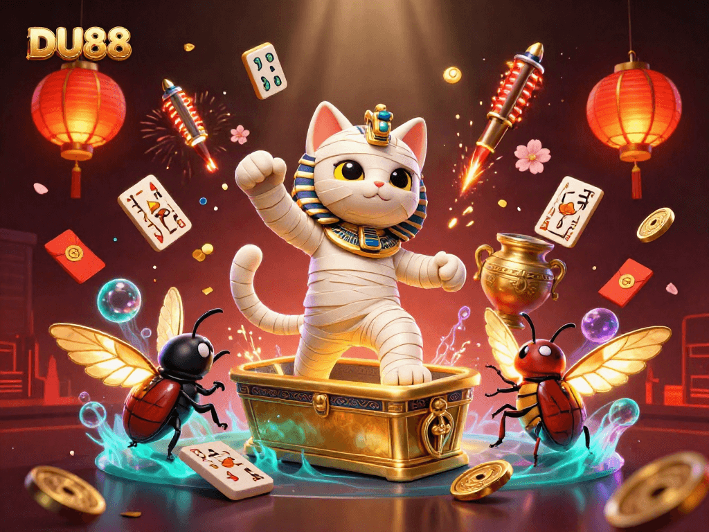 Engage with the lively DU88 casino scene featuring a vibrant Egyptian theme, mummy cat, and glowing elements.