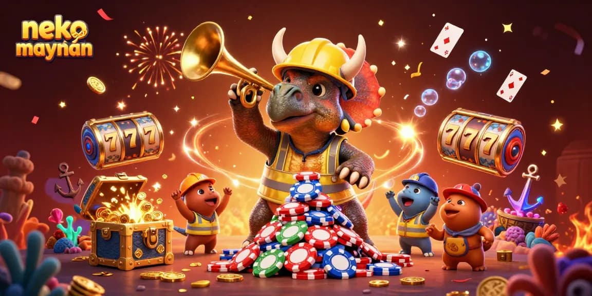 Neko May Mắn slot game celebration with a triceratops and fun elements in 3D.