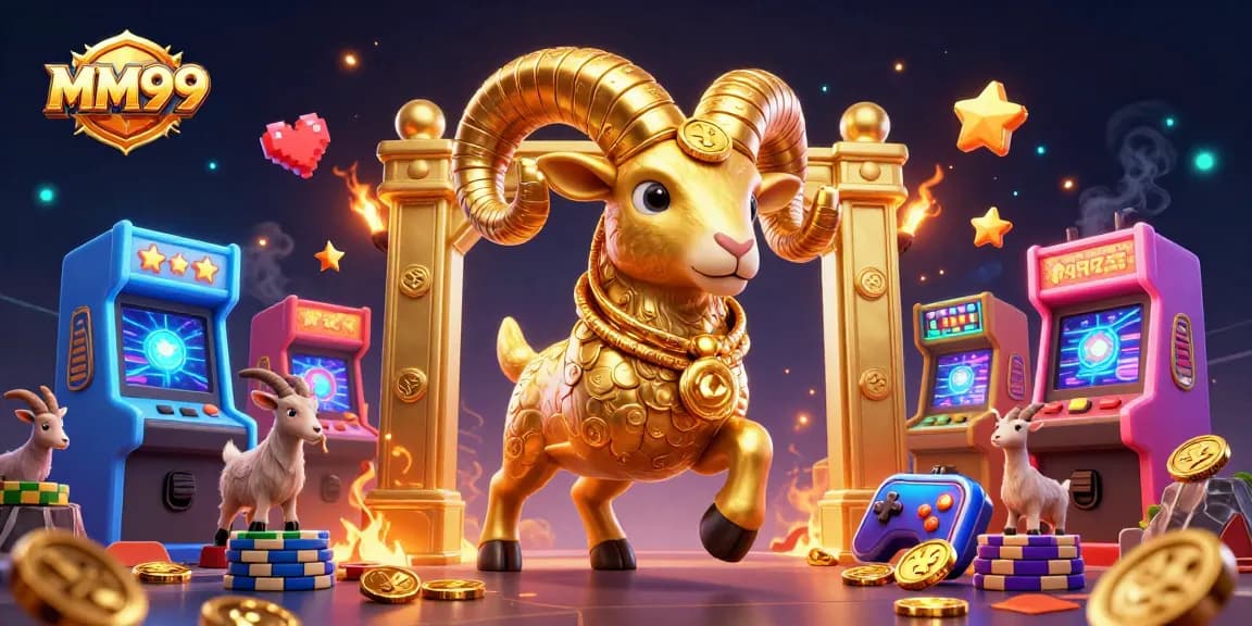 Experience the dynamic world of MM99 casino with a golden ram charging towards a golden gate surrounded by arcade game elements.