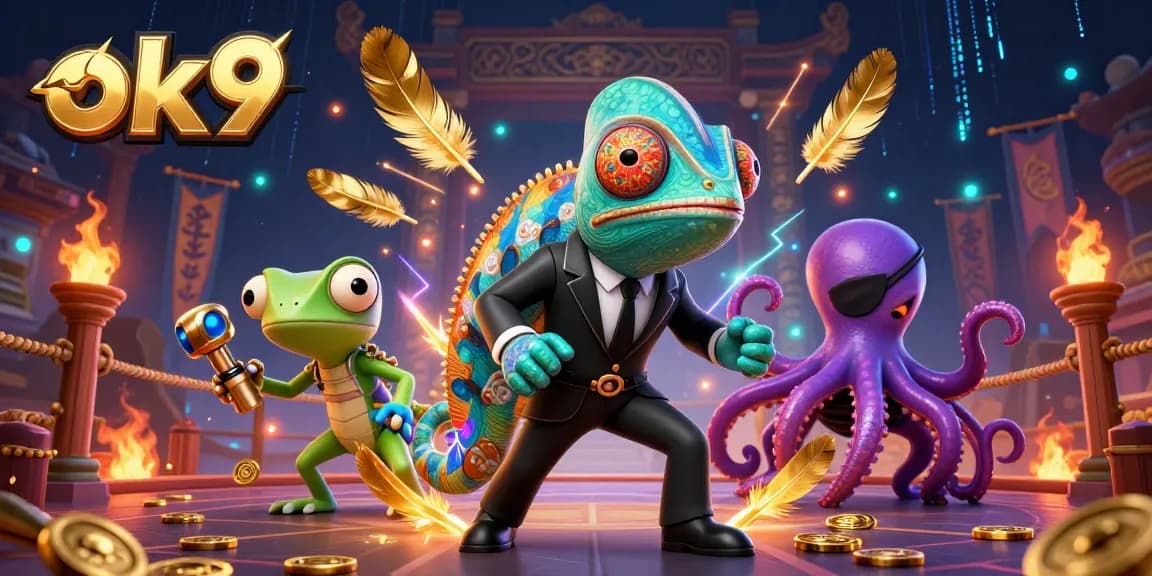 Experience thrilling gaming action at ok9 with a vibrant 3D gambling illustration featuring dynamic characters.