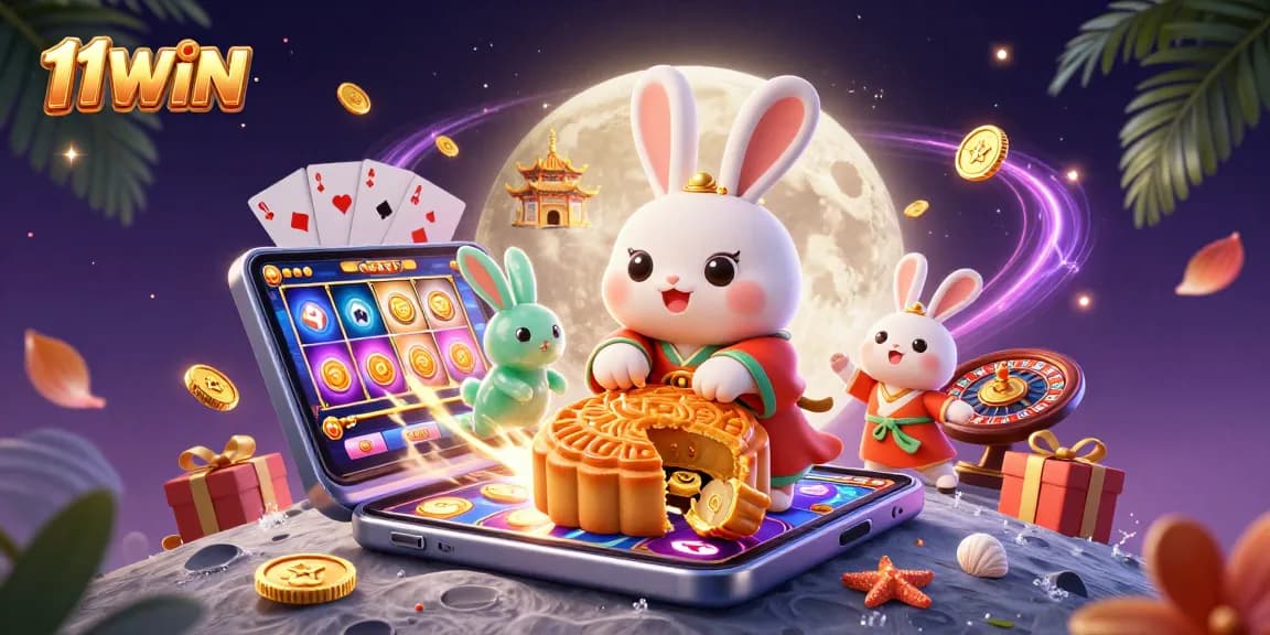 Join the lunar adventure with 11WIN as a moon rabbit reveals poker chips inside mooncakes in this vibrant scene.