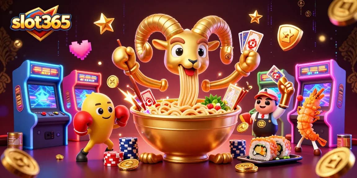 The slot365 giant ramen bowl character deals cards amidst vibrant arcade machines, showcasing exciting gaming energy.