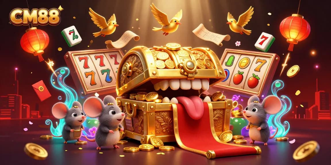 Win big at CM88 casino with an exciting 3D treasure scene full of slot reels and golden characters.