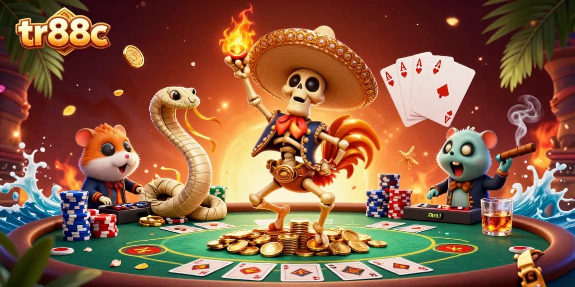 tr88c celebrates casino excitement with a skeleton mariachi rooster and vibrant poker scene.