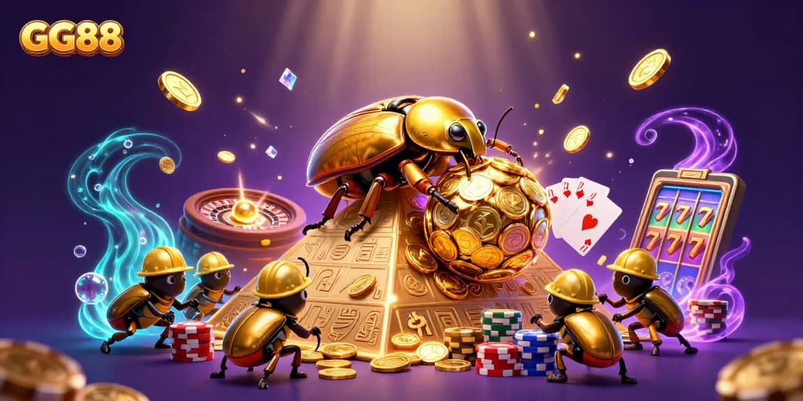GG88 engages players with a vibrant scene of golden beetles rolling coins amidst casino symbols, reflecting excitement.