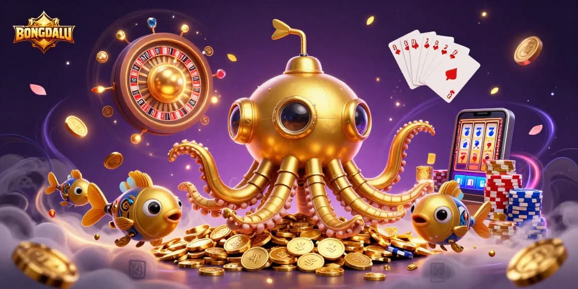 BONGDALU showcases a vibrant scene with a golden kraken submarine and mechanical fish amidst a dazzling sea of coins.
