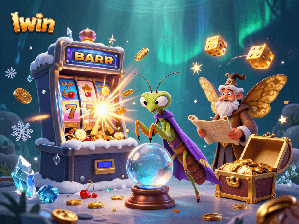 Iwin's vibrant casino scene showcasing a praying mantis fortune teller with tons of game elements exploding around