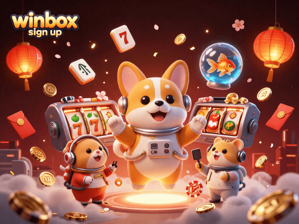 Winbox sign up to enjoy immersive casino gaming with 3D cartoon characters in a space station setting.