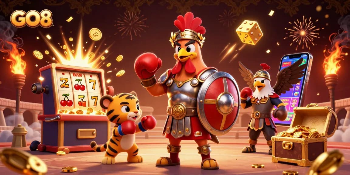 Spin the reels at GO8 with dynamic characters and explosive jackpots in a vibrant casino scene.