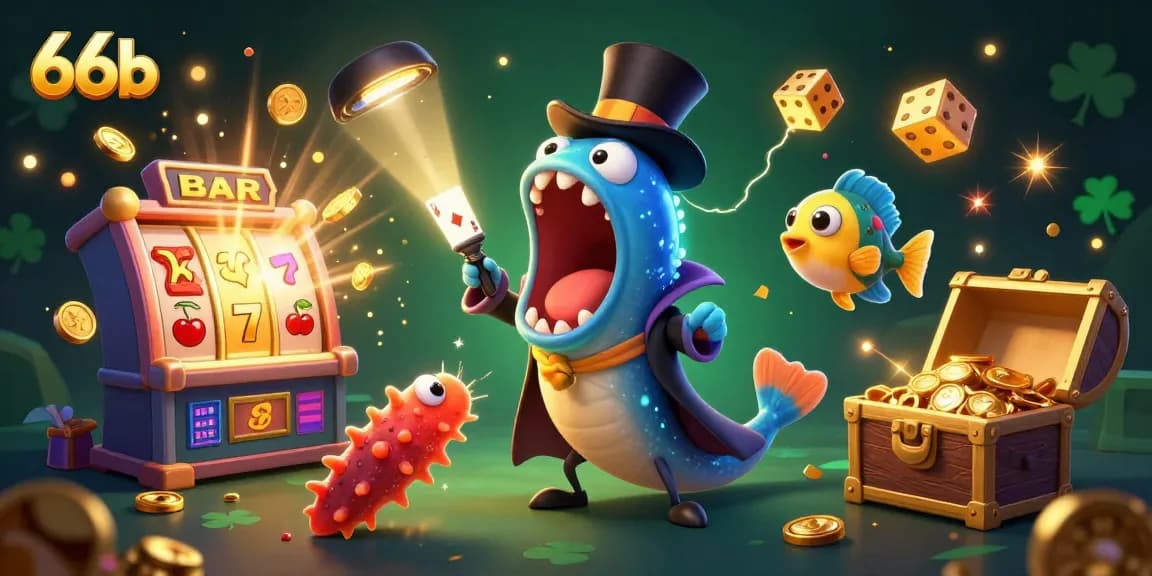 Engage in exciting gaming action with 66b as an eel performs card tricks amid a jackpot explosion.