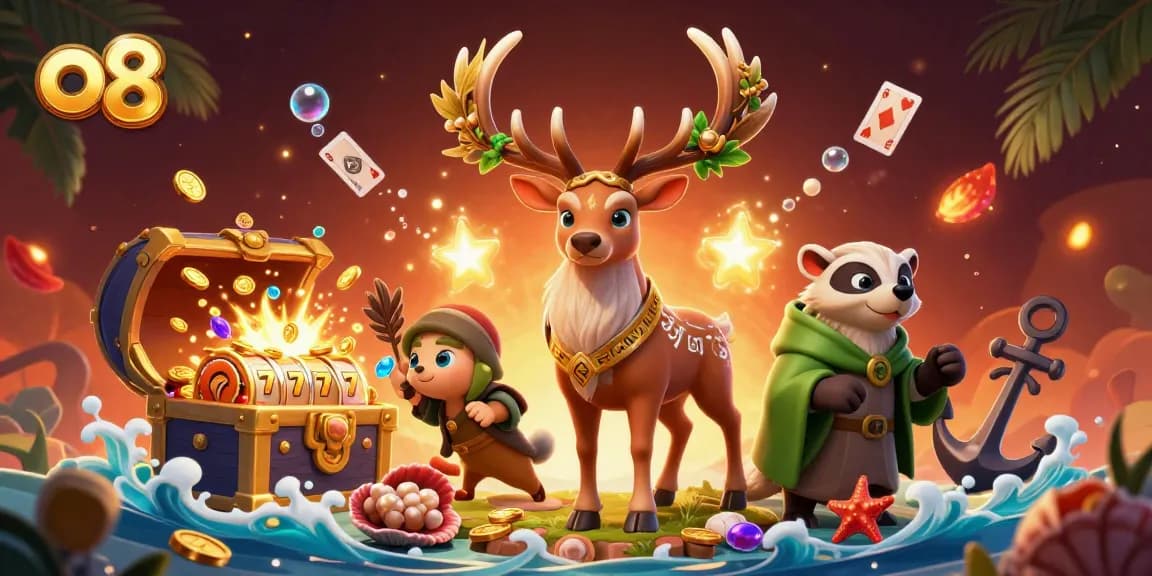 Engage with the excitement of online gaming at o8, featuring a vibrant casino scene with a druid stag.