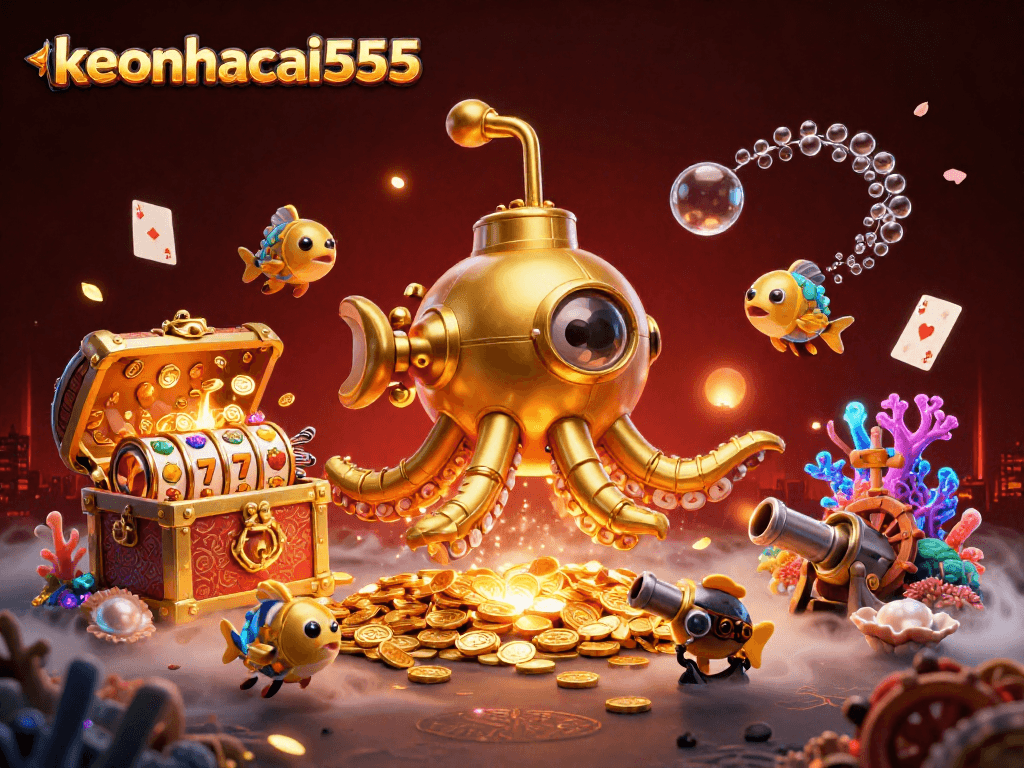 Experience thrilling gameplay at keonhacai555 with 3D kraken submarine adventure amid festive casino elements.