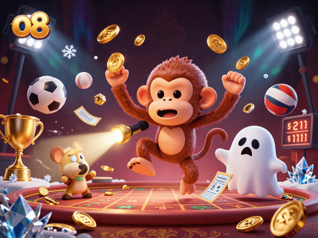 Engage with the exciting universe of o8 casino, featuring a mischievous monkey and ghost-hunter puppy in action.