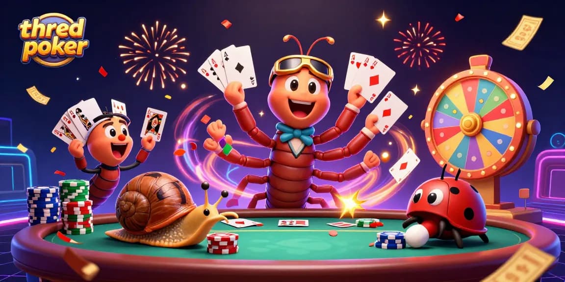 Engage in three card poker excitement with a 3D millipede dealer and high-rollers in a lively casino scene.