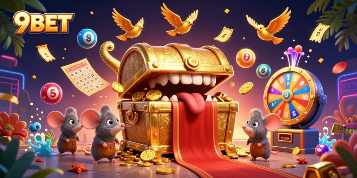 Engage with 9BET's vibrant casino world featuring lottery elements and riches awaiting adventurer mice.