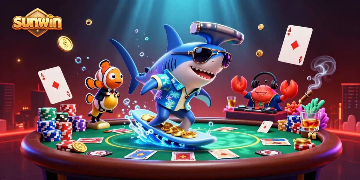 Surf big wins with sunwin like a hammer-head shark in a vibrant casino scene.