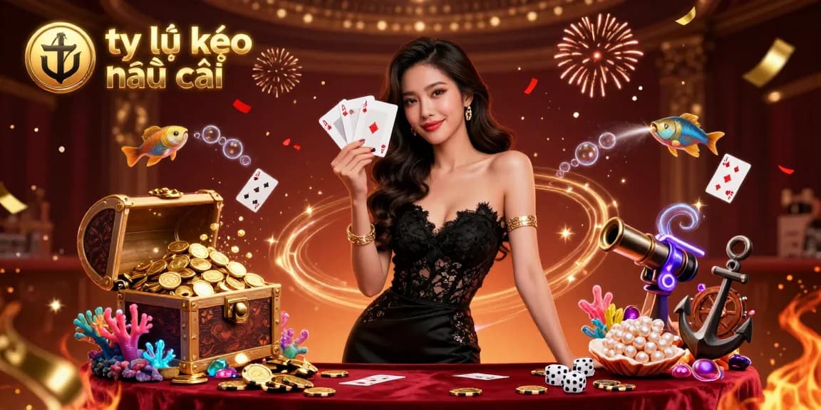 Engage with tỷ lệ kèo nhà cái in a vibrant casino scene, featuring an elegant woman holding playing cards amidst glittering casino elements.