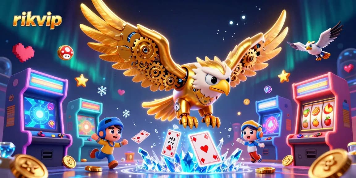 Experience excitement with rikvip as a cybernetic eagle dives through holographic cards and slot reels.