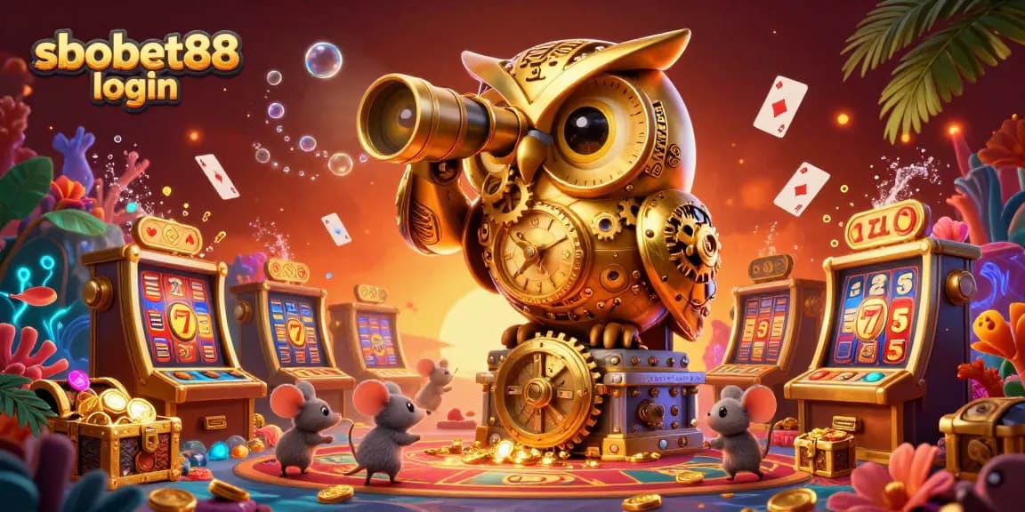 Experience sbobet88 login with a vibrant casino scene featuring a golden owl, lively atmosphere, and dynamic gambling elements.