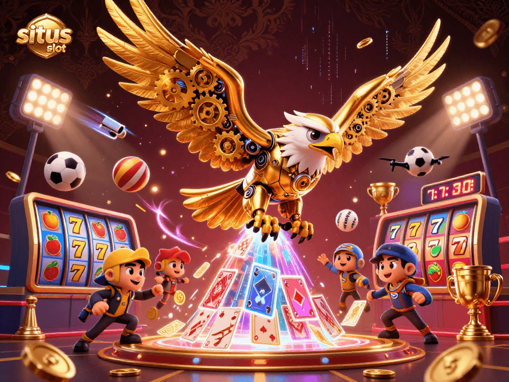 Experience thrilling situs slot action with a cybernetic eagle amidst holographic playing cards and dynamic game elements.