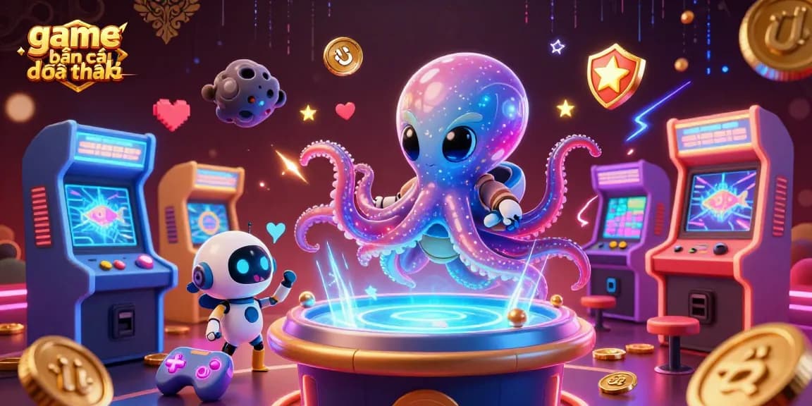 Engage in the exciting game bắn cá đổi thưởng with a colorful alien octopus and a tiny robot in a vibrant casino arcade.