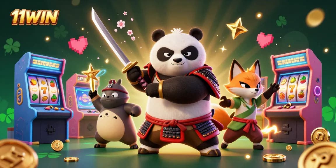 Engage with the vibrant casino world in 11WIN illustrated by a panda samurai and ninja fox.