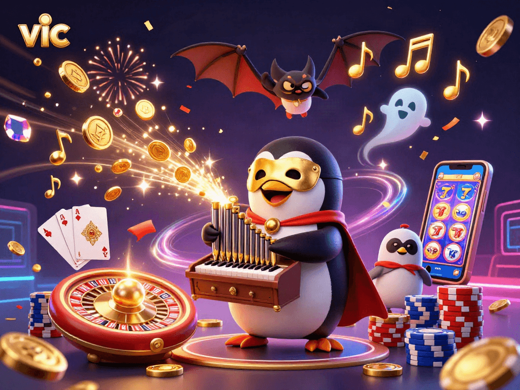 Engage with vic's thrilling 3D casino scene featuring a penguin, coins, and acrobatics.