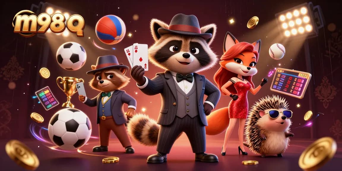 M98 q sports-themed gaming illustration with raccoon, fox, and hedgehog amidst dynamic elements.