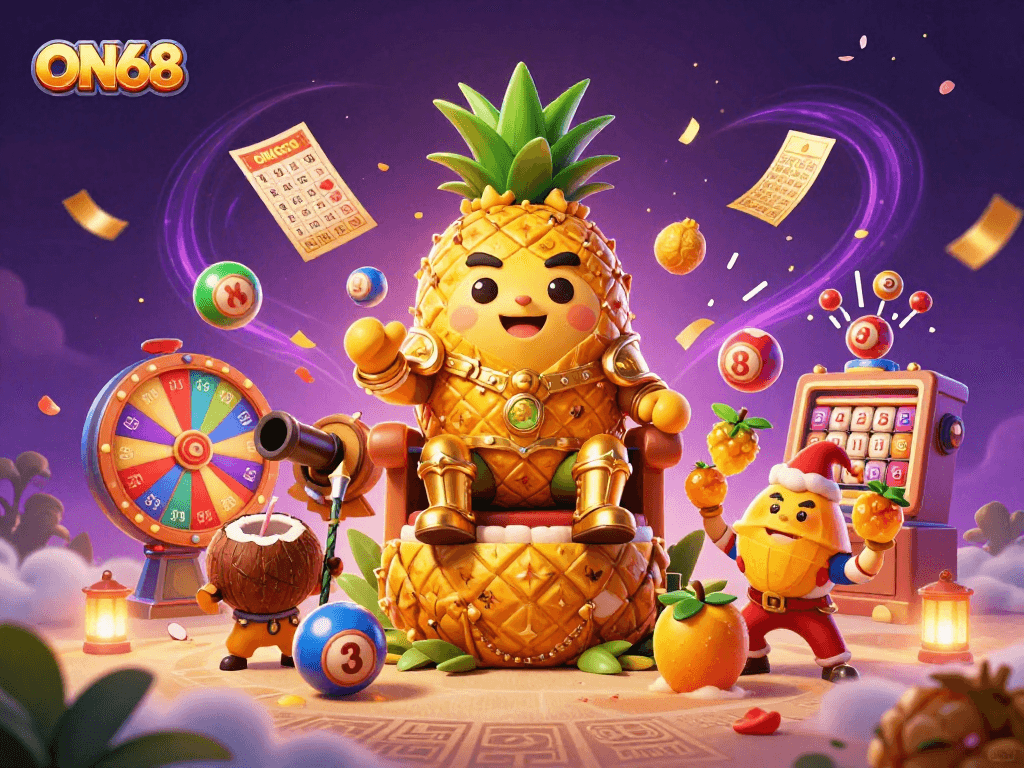 Experience the thrilling casino magic at ON68 with vibrant characters and exciting prizes in the digital illustration.