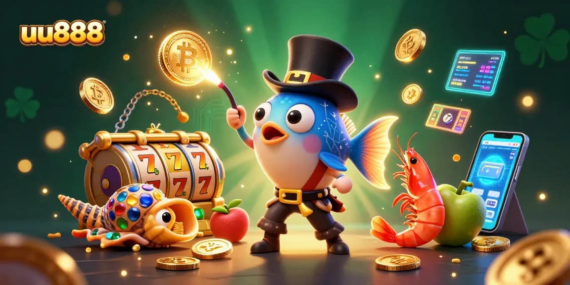 Spin and win with uu888 at our vibrant casino, featuring animated characters, coins, and slot symbols.