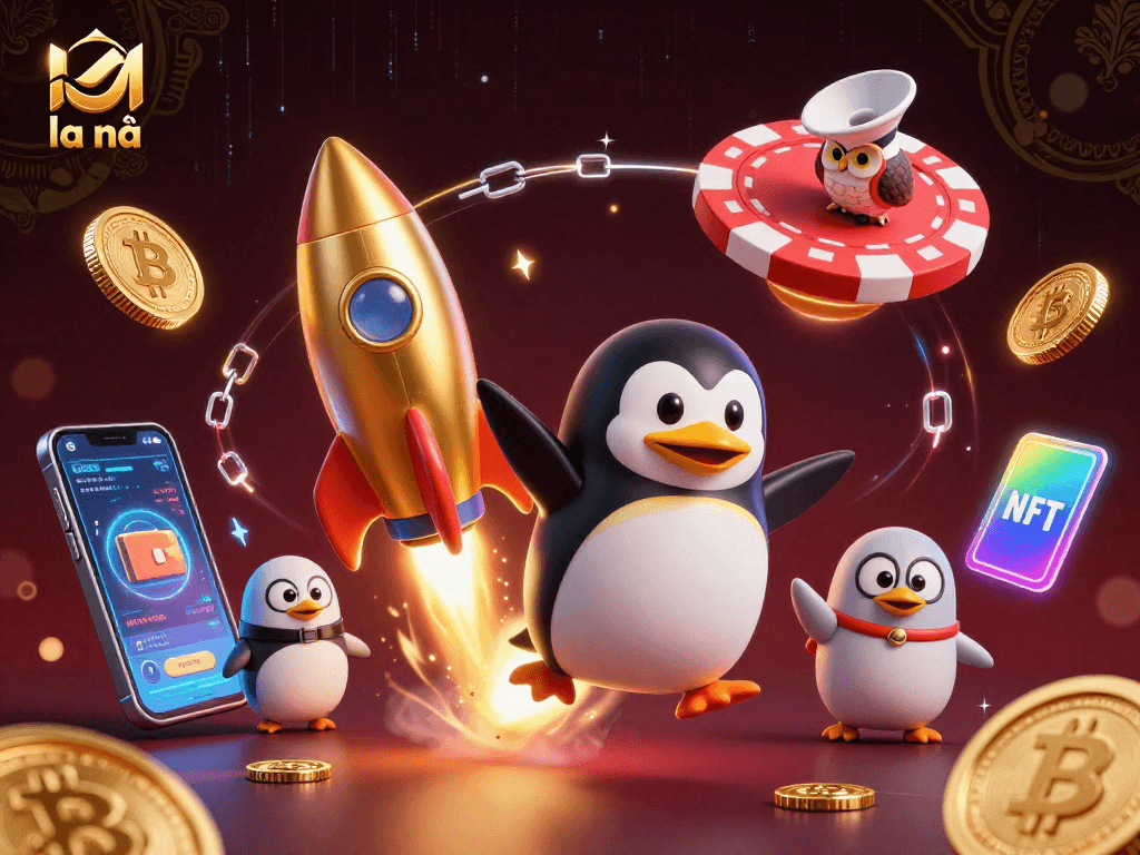 Engage in la mã by betting with crypto while a golden penguin sails through space.