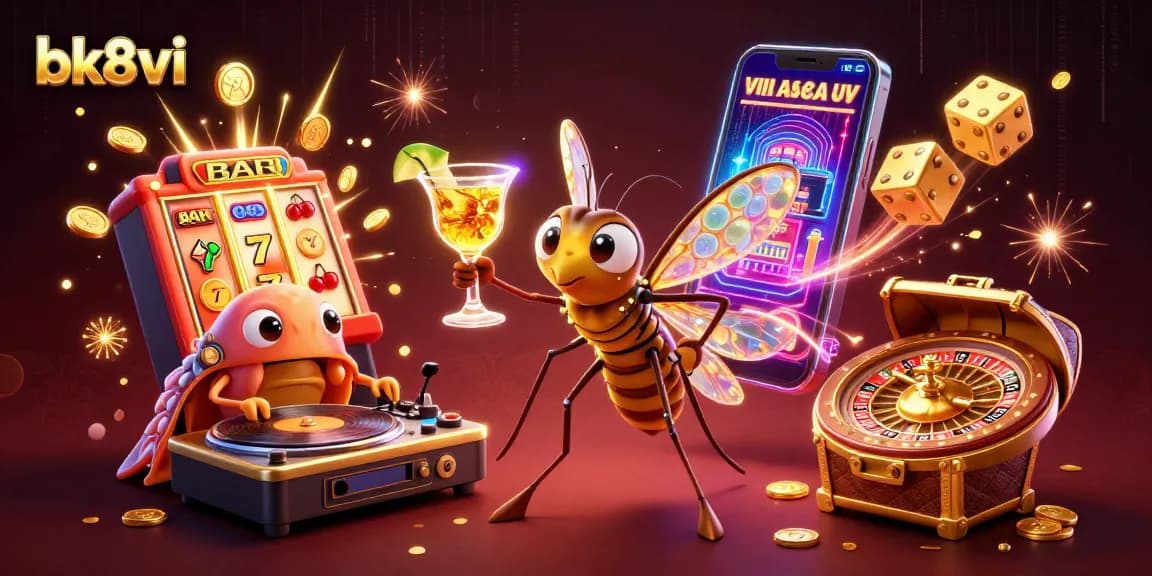 Engage with bk8vi's exciting online casino using vibrant characters and dynamic gaming elements.