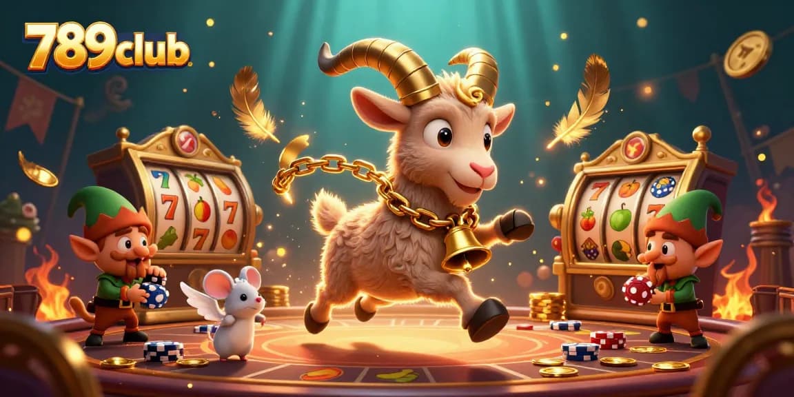 Join the fun at 789club with Krampus, an angel mouse, and mischievous elves in a dynamic casino scene.