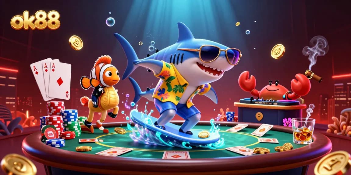 Play poker with the vibrant characters from ok88, featuring a shark and friends amid gold coins.