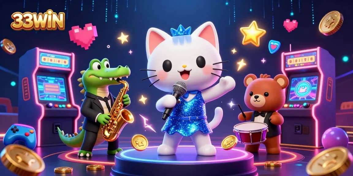 Experience the vibrant atmosphere of 33WIN's casino with jazz-singer cat and musical friends.