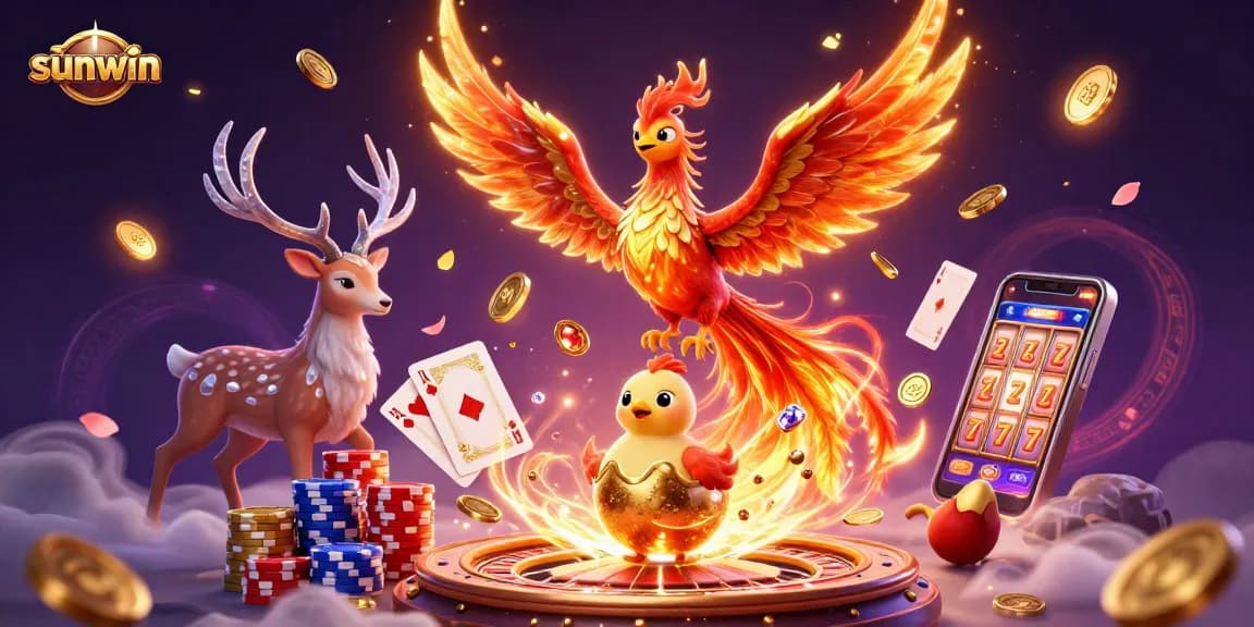 Experience the thrill of sunwin with an animated phoenix soaring and golden coins cascading in a vibrant casino scene.