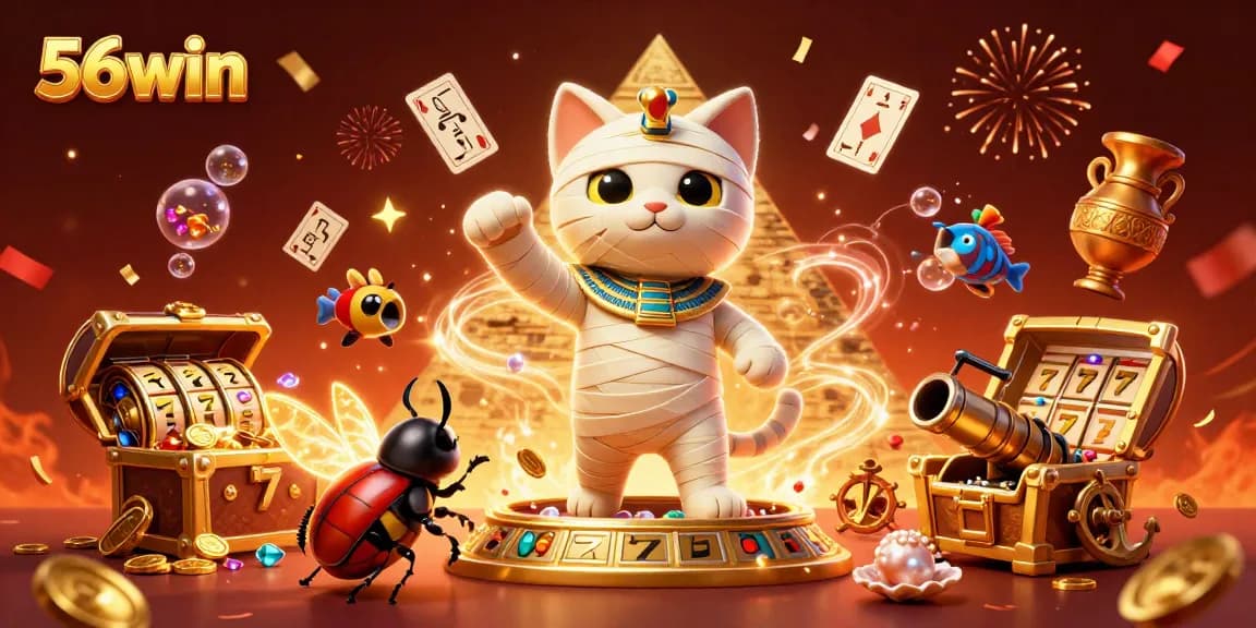 Engage in exciting games with 56win featuring a vibrant Egyptian-themed casino illustration.