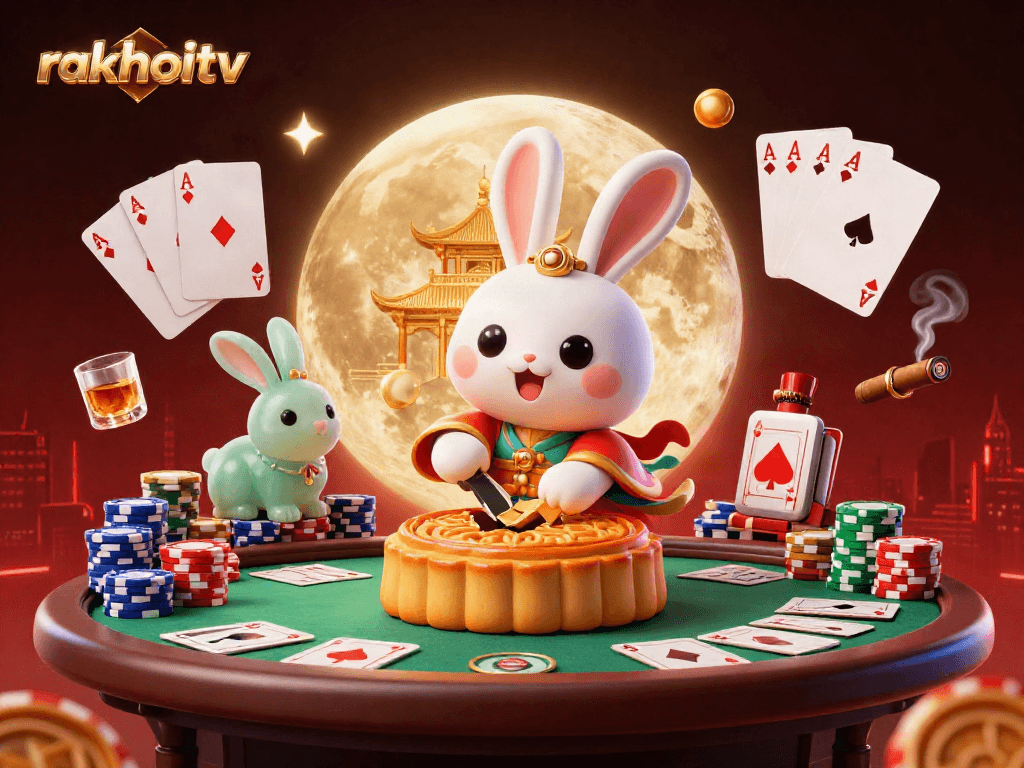 Experience the thrill of rakhoitv with playful moon rabbits and poker chip-filled mooncakes.