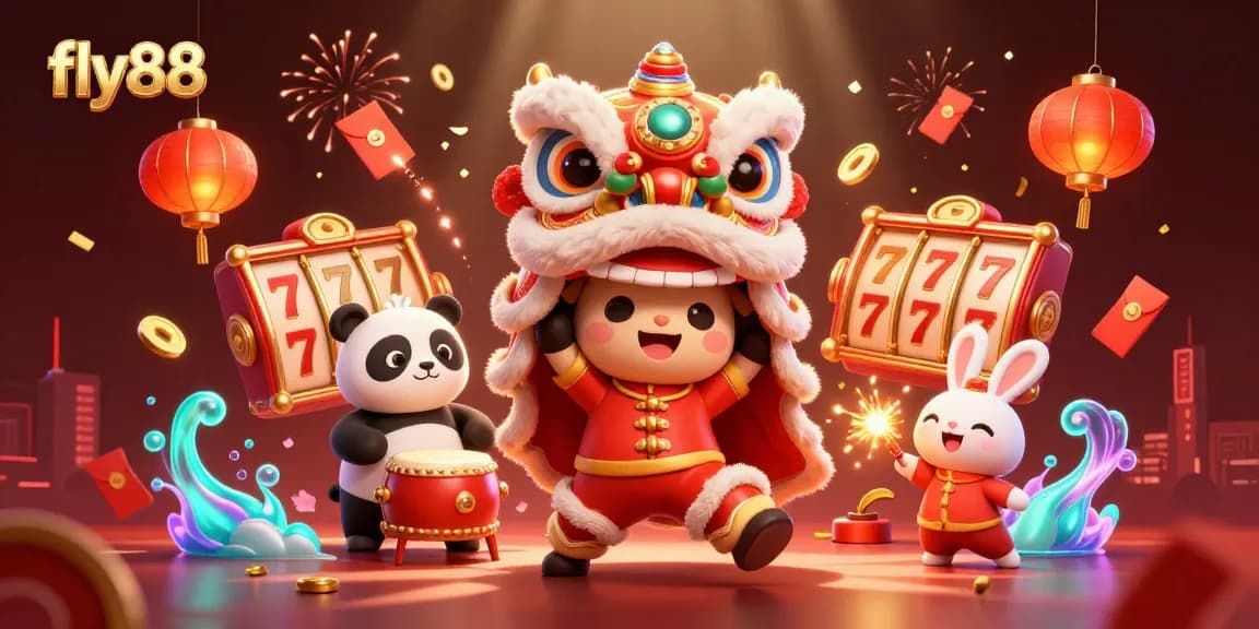 Experience vibrant fun at fly88 with a lively lion dance, slot reels, and festive decorations.
