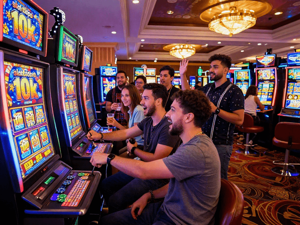 Exciting moment at a casino with friends cheering at the "slot depo 10k" jackpot.