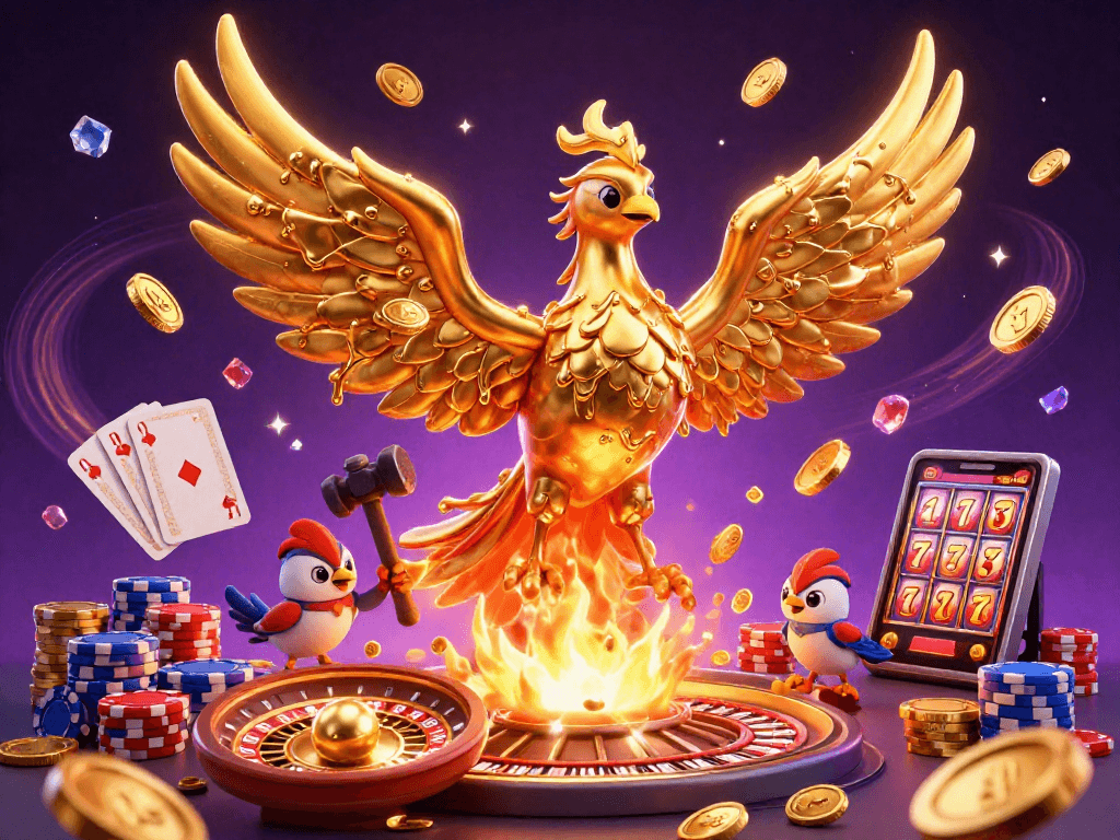 Spin the slot reels with golden phoenix amidst cascading coins and vibrant casino elements.