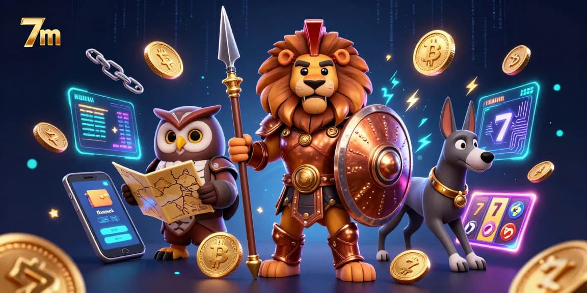 Engage with 7m casino fortunes featuring a Spartan lion, owl strategist, and greyhound amid Bitcoin coins and dynamic gameplay elements.