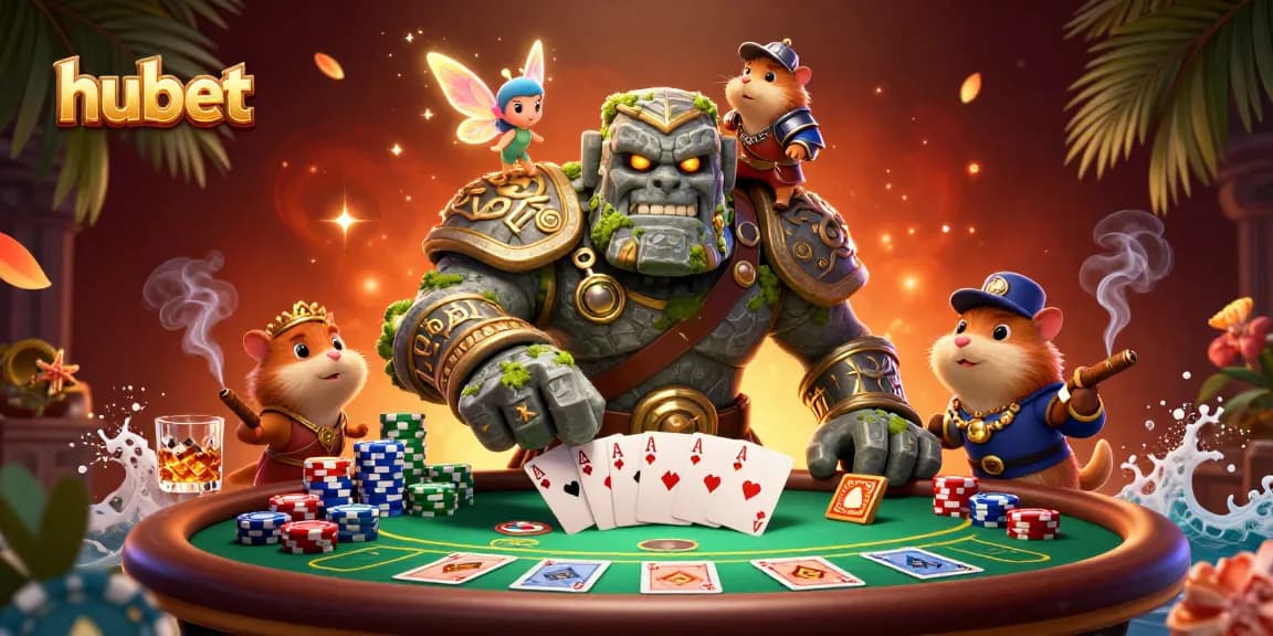 Engage with hubet's thrilling casino world featuring a golem, fairy, and hamster knight amid poker action.