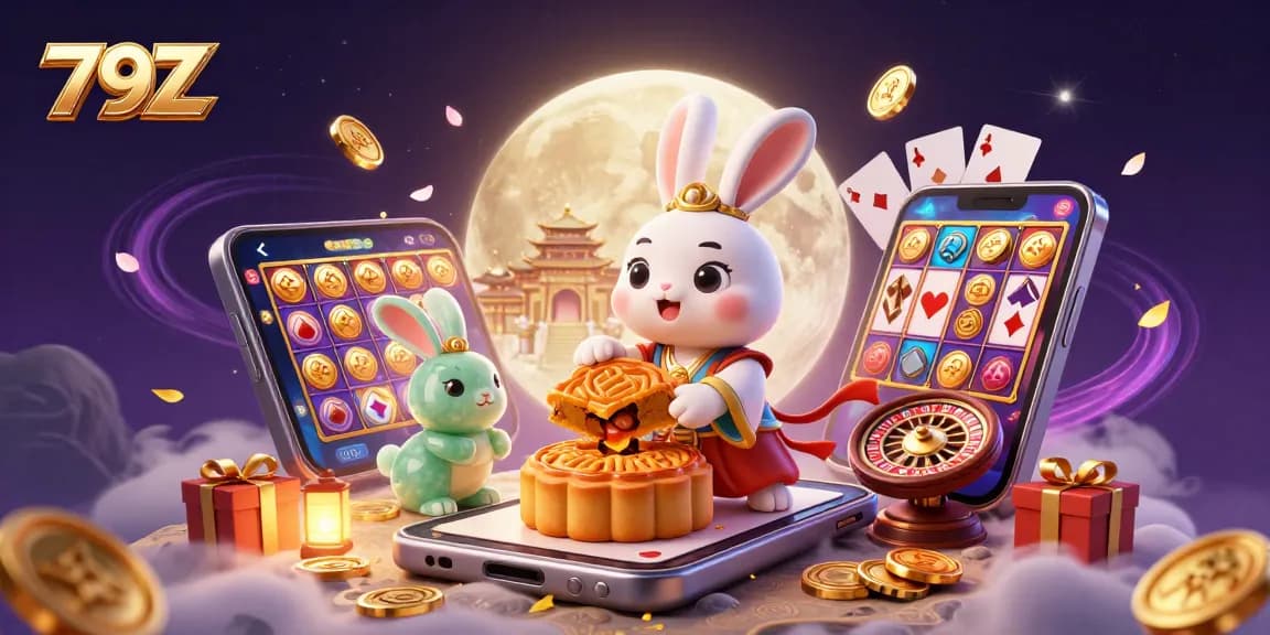 Engage with the exciting world of 79Z casino gaming featuring vibrant slot reels and rabbit characters.