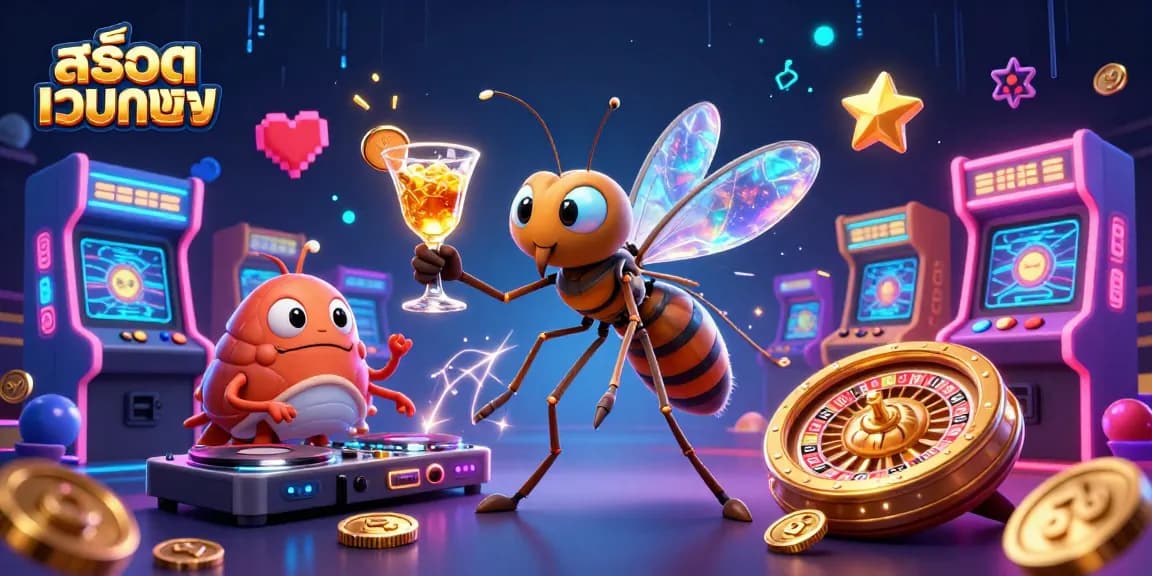 Engage with สล็อตเว็บตรง games featuring vibrant 3D characters and casino elements in a dynamic illustration.