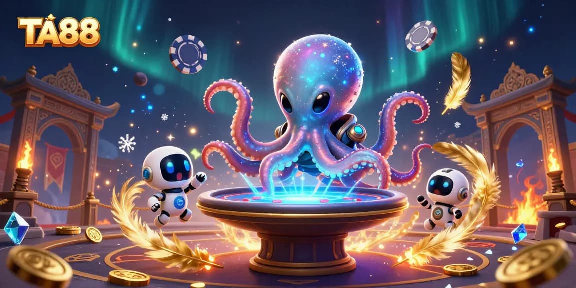 Engage with TA88 at a holographic poker table in a vibrant cosmic casino adventure.