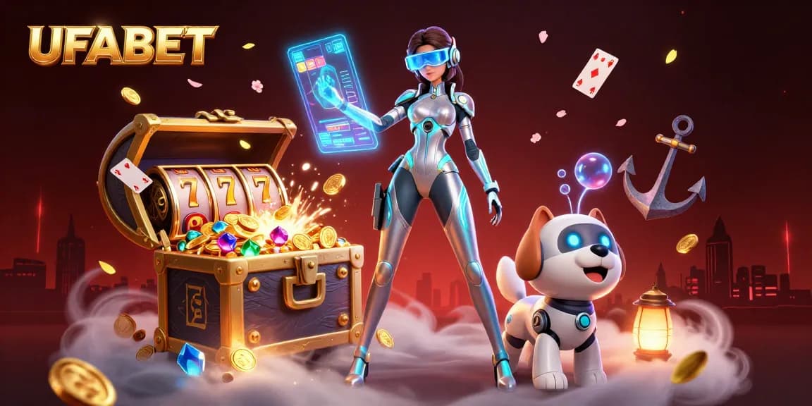 Play exciting games at UFABET, showcasing a futuristic woman and robotic dog amidst vibrant casino elements.